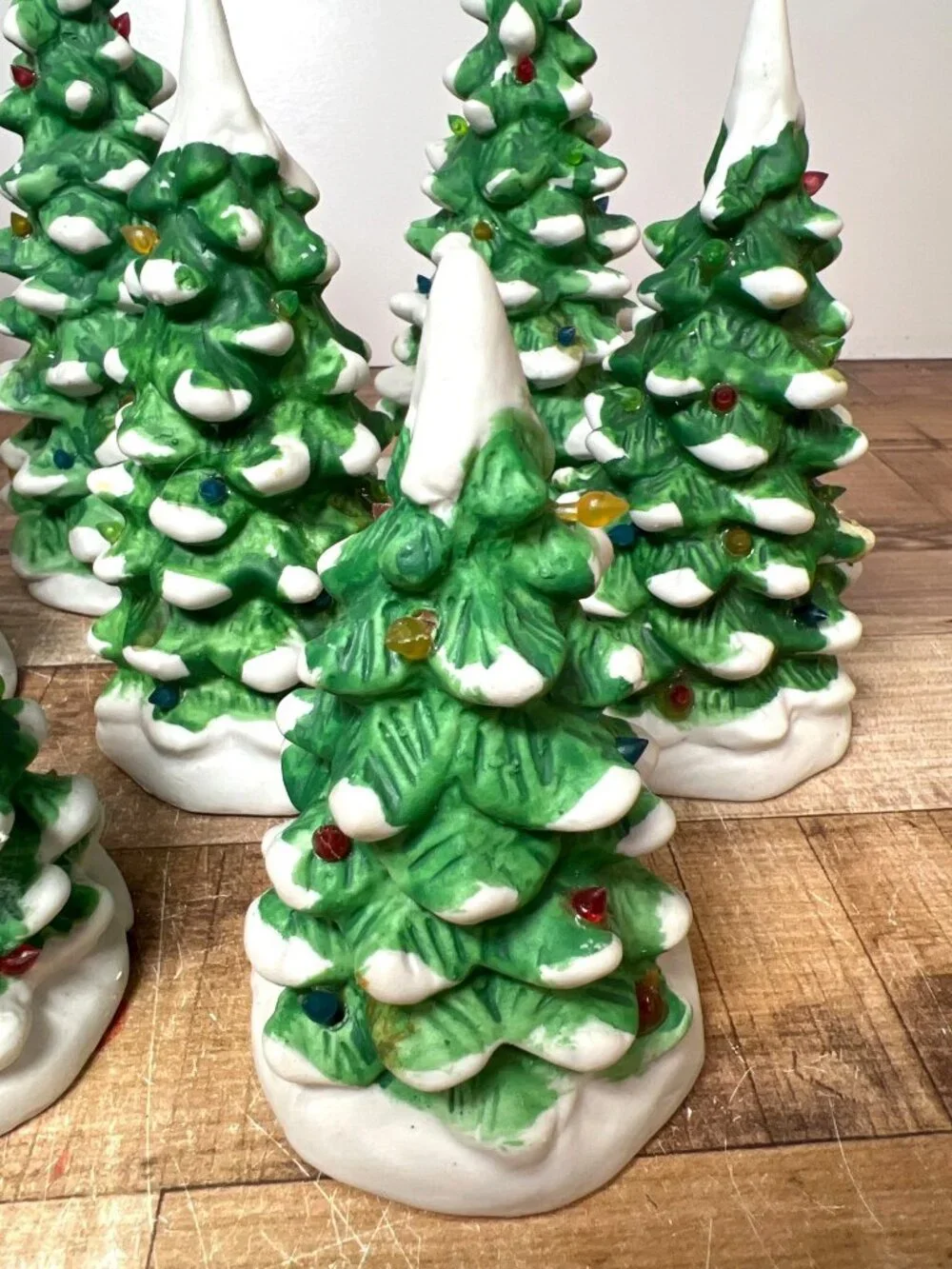 Lemax Set Of 10 Ceramic Christmas Trees With Snow Accents Multiple Sizes